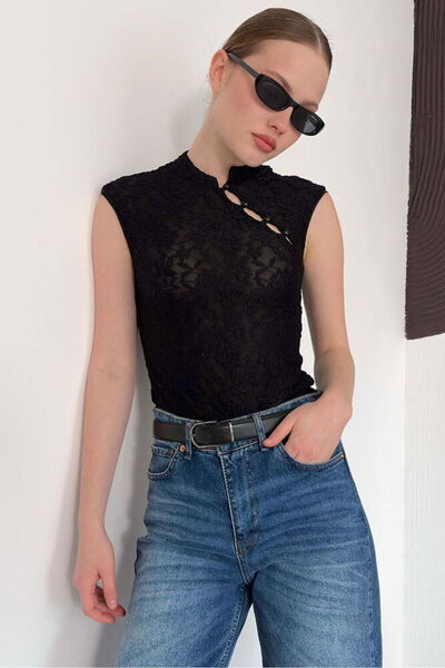 İldies store Dantel kolsuz bluz siyah