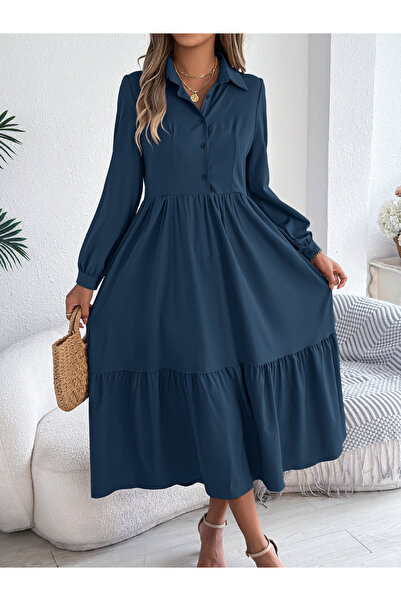 Take Two By Styli Navy Blue A-Line Midi Dress with Long Sleeves