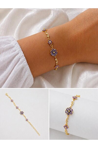 shop Mor Taşlı Çiçek Detaylı Altın Renk Zarif Kadın Bileklik-Violet Blossom Luxe