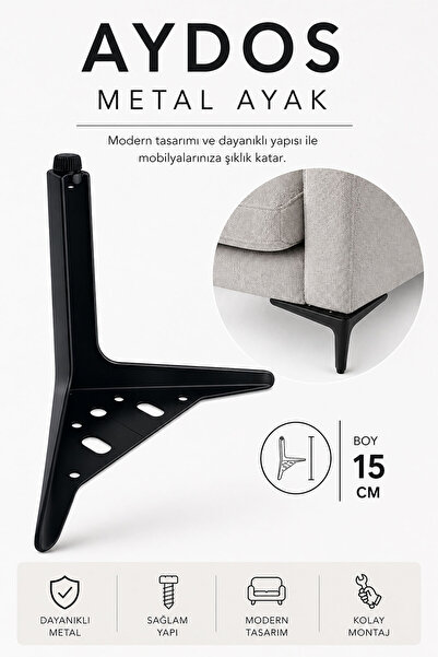 Badem10 AYDOS Metal Ayak 15 Cm Mat Siyah Mobilya Ayağı Dayanıklı Modern Dekor...