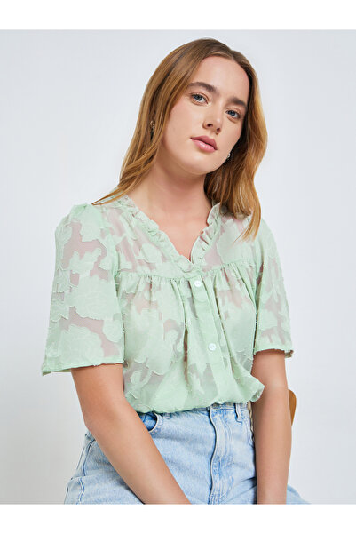 Take Two By Styli Green Burnout V Neck Button Front Top