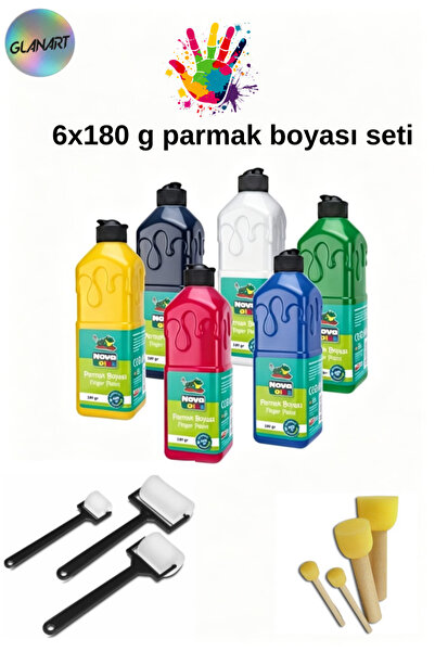 Glanart büyük boy 6 Renk X 180 gr parmak boyası + fırça seti ( pon pon ve rul...