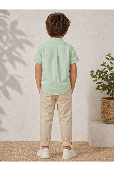 CALEMORE Boy's Shirt with Stand Collar Short Sleeve 100% Cotton Summer Pistachio Green Shirt