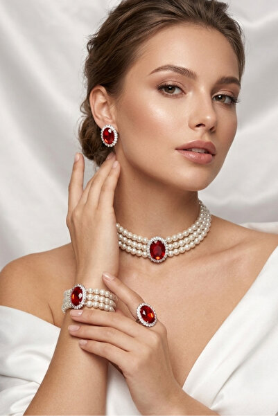 Happyline İncili oval taşlı gümüş kaplama cam inci choker kolye tasarım şık k...