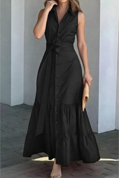 Kokosh moda فستان نسائي طويل من التريكوتون بأزرار أمامية وتفاصيل حزام عند الخصر