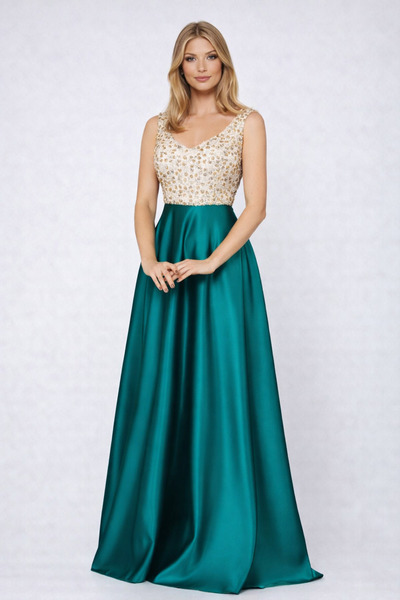 Fofy Elegant long dress in green taffeta, tulle bust with glitter and V-neckline