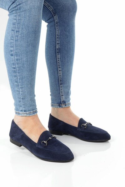 ÜNAL ÖZER Γυναικεία Navy Blue Suede Γνήσιο δέρμα με στρογγυλή αγκράφα καθημερ...