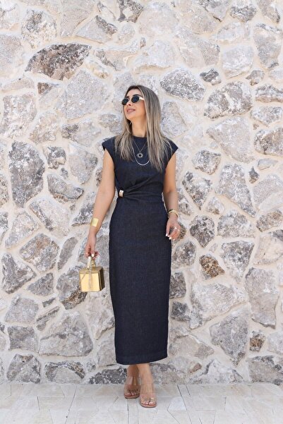 bytugcekaya Koyu Mavi Toka Detaylı Denim Elbise