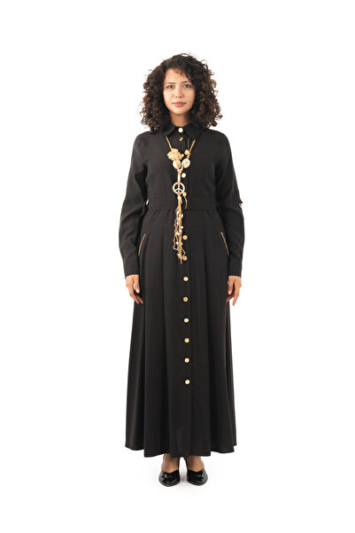 derin store Yakalı Kemerli uzun tencel elbise