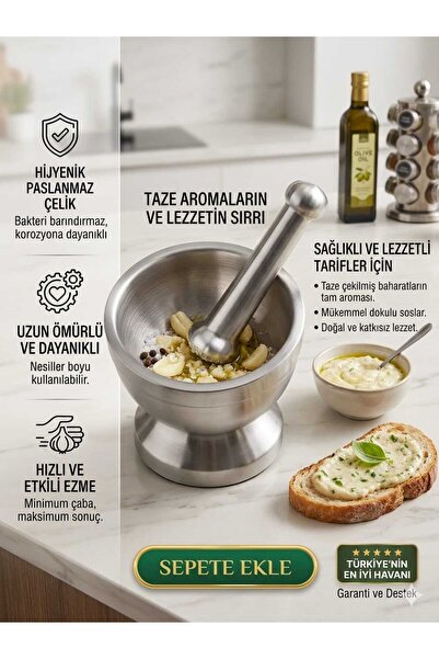 LOVYCO Üstün Kalite Paslanmaz Çelik Metal Havan Sarımsak ve Ceviz Ezici