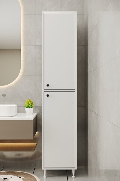 AEKA AE-2027 Lina Beyaz 2 Kapaklı Çok Amaçlı Dolap 40x180 cm Raflı Dar Yüksek Boy Banyo Çok Bölmeli Depolama Dolabı