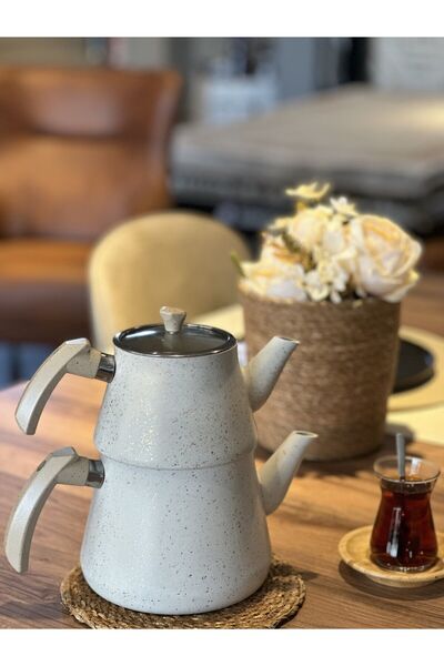 Saule Granit Kaplama Pramit Cam Kapaklı Çaydanlık Krem