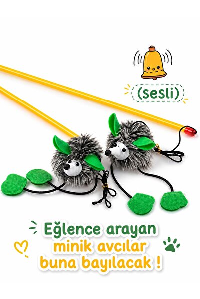 HAYHAYPETSHOP Sesli Kedi Oyuncağı Kirpi Sesli Olta Dayanıklı Tüylü Av Oyuncağ...