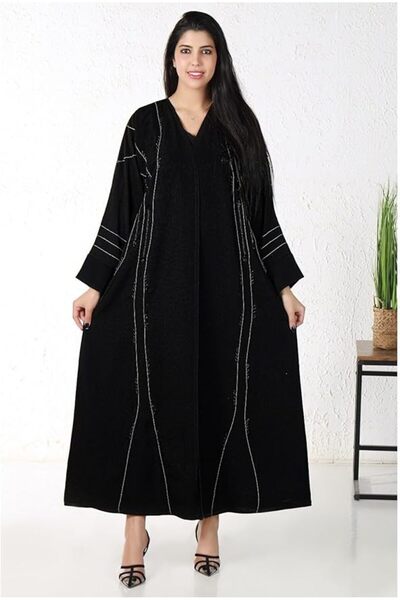 MyesuQ Black Color Abaya with White Thread Work in All over the Abaya Length ...
