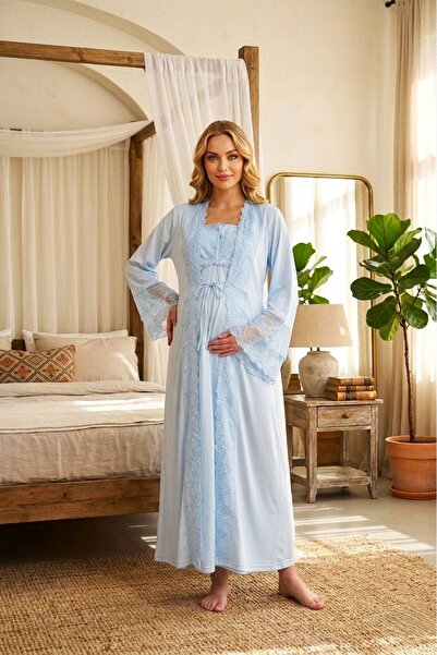 Lohussa New Season Blue Summer Full Length Elegant Lace Design Short Sleeve M...