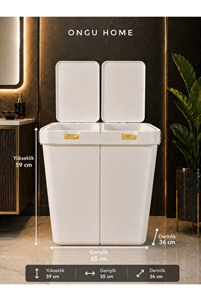 ongu home Çamaşır Sepeti 80 Litre Çift Bölmeli - Kapaklı Kirli Temiz Ayırma, Modern Tasarım