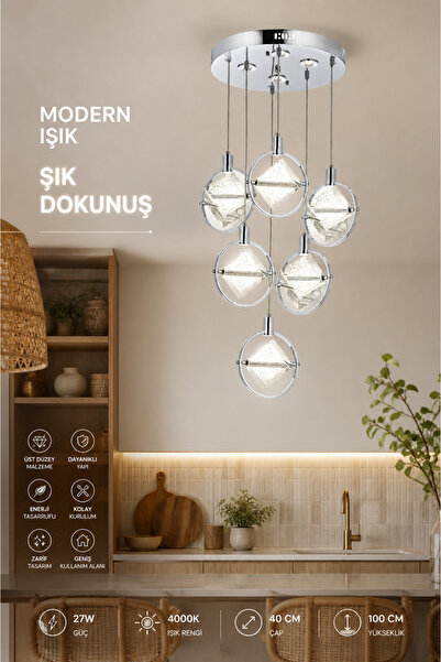 Elvora Home Modern (PREMİUM) Krom 6'lı Sarkıt Avizesi LEDli Cam 27W Beyaz Işı...
