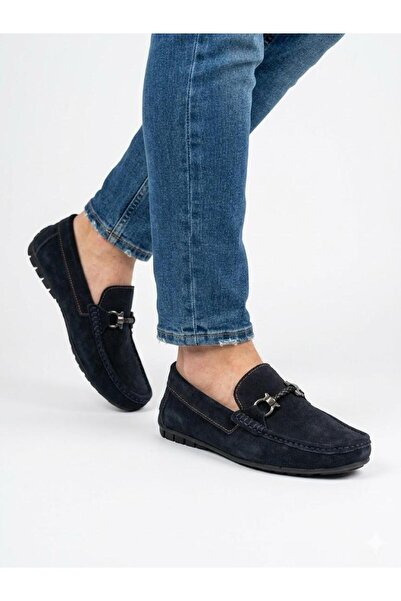 Lütfi Men's navy blue genuine leather flexible sole casual loafer