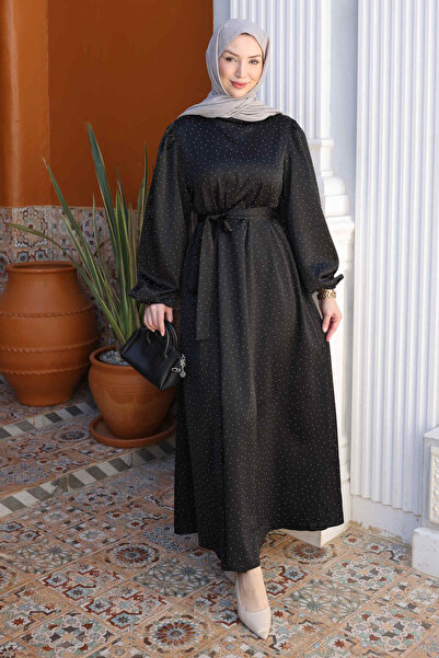 İmajButik Μαύρο σατέν βραδινό φόρεμα με μανίκια μπαλόνι και πέτρες
