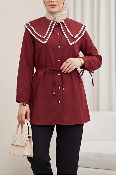 Modamorfo Poplin Tunic with Lace Collar, Tie at the Waist and Tie-Down Sleeve...