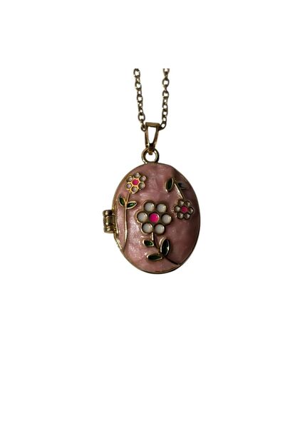 MODA Kadın Pembe/Beyaz Mine Çiçek Detaylı Kapaklı Çelik Kolye - Anı Kolyesi