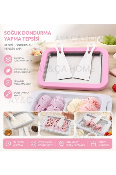 AY&ÇA HOME Pembe Dondurma Tepsisi Tavası Dondurma Yapma Hazırlama Rulo Spatul...