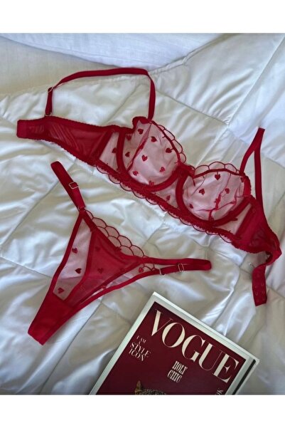 Sisterly Kırmızı Kalp Nakışlı Transparan Balenli Bralet Sütyen & Tanga Takımı