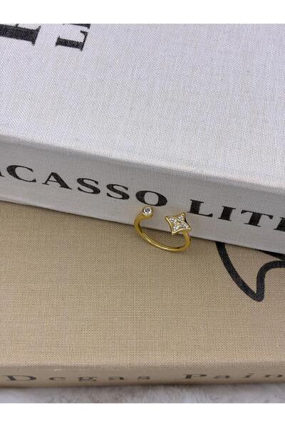 Hedef Bijuteri Gold Color Cornered Clover Detail Zircon Stone Open Form Adjus...