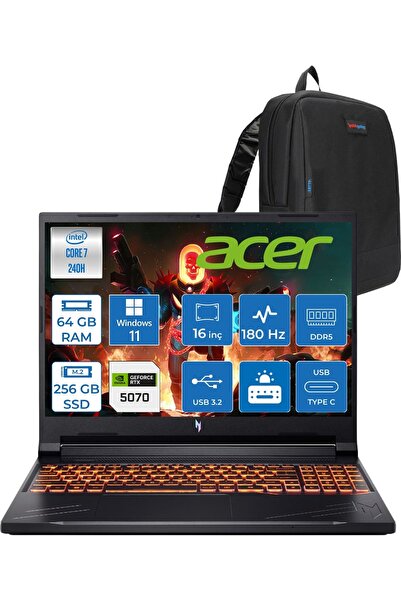 ACER Nitro V16 Aı Intel Core™ 7 240H 64GB Ddr5 256GB SSD RTX5070/8GB 95W Wuxg...