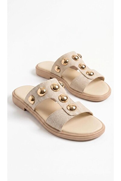Adım Dünyası Women's Slippers with Gold Buttons, Suede, Soft Sole with Stones