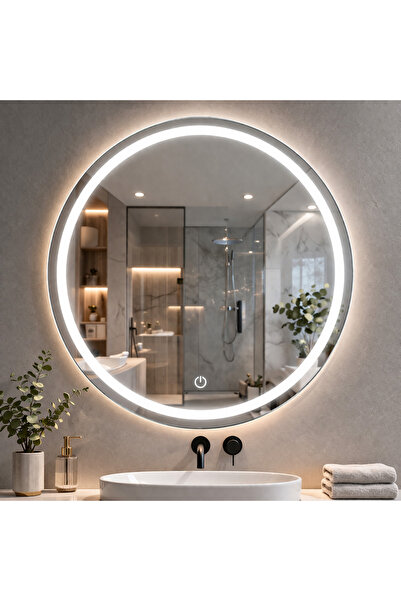GLOWVİA Mirror Kumlamalı Dokunmatik ve LED Işıklı Yuvarlak Ayna/BEYAZ
