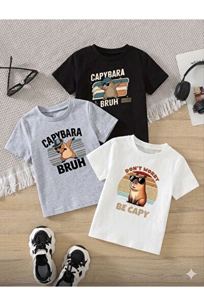 No Plan تي شيرت للأولاد مطبوع عليه CAPPYBARA BRUH مكون من 3 قطع