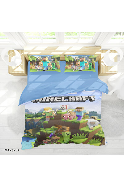 Vaveyla Home Minecraft Desenli 3D Dijital Baskılı Çift Kişilik Çarşafsız Erke...