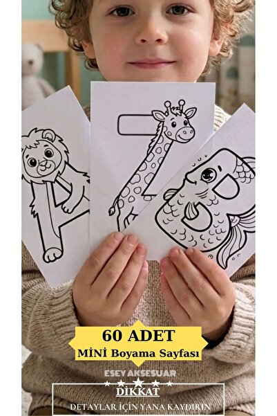 Esey Dizayn Hayvan Temalı ALFABE Boyama Seti 60 Adet MİNİ Sayfalar 4-6 Yaş Ço...