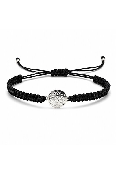Safir Jewellery 925 Ayar Gümüş Yaşam Çiçeği Bileklik Siyah Makrome İp Örgü Ay...