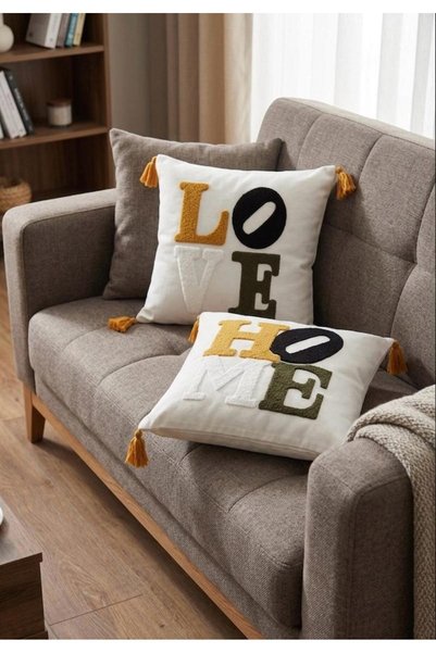 AYS DEKOR (2 Pcs) Punch Embroidered Cushion Cover with Tassels 43X43Cm