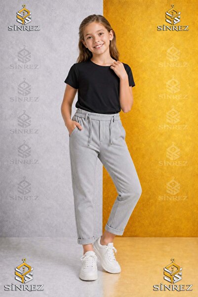 SİNREZ Kiz Children's Plain Trousers 7.Mdl Elastic Waist Lycra Folded Leg Style