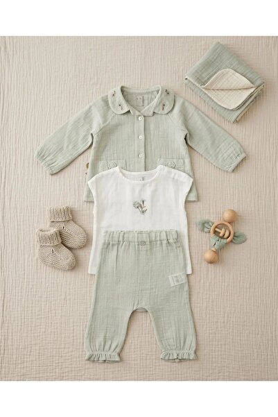 Caramell Girl's & Baby's 3-Piece Muslin Set - 100% Natural Cotton - Green