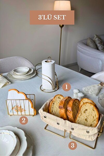 Edora Home Set of 3 Shiny Gold Rectangular Bread Basket Cage Napkin Holder Sw...