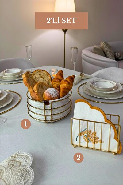 Edora Home Set of 2 Shiny Gold Cage Napkin Holder Round Bread Basket Kitchen Set