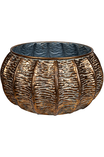 Herdekora Metal Saksı Kabartma Desenli Gold Eskitme 48x24 Cm.