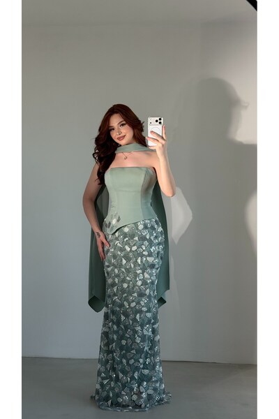 ayşenur Dinçer butik Deniz Kızı Balık Fularlı Abiye Su Yeşili