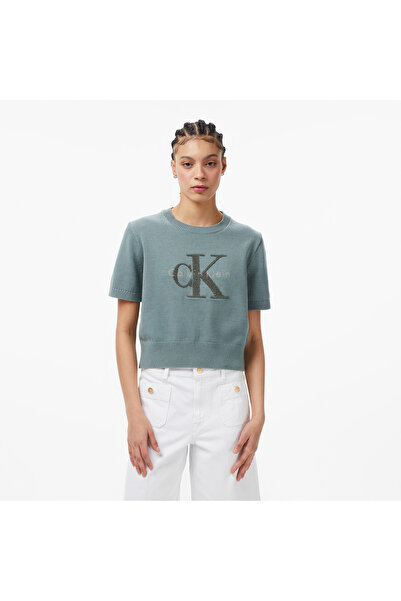 Calvin Klein Chunky Cotton Graphic Vest Kadın Gri Triko