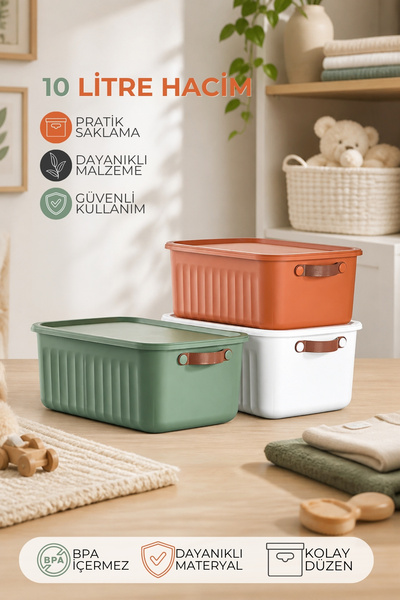 Nandy Home 3'lü Set Kapaklı Çok Amaçlı Saklama Kutusu 10 Litre – Deri Görünüm...