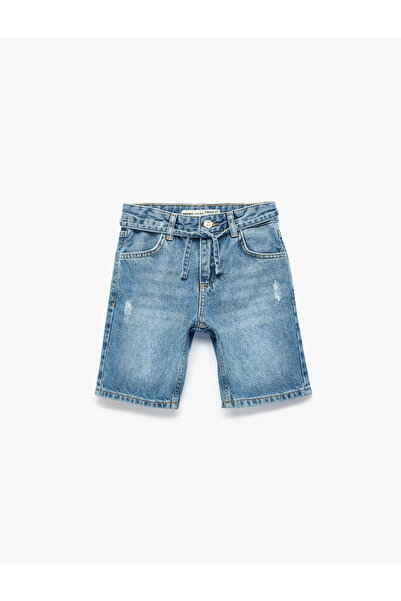 Koton Beli Bağcıklı Cepli Yıpratılmış Detaylı Pamuklu Denim Şort
