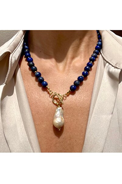 AYER TAKI Orjinal lapis lazuli taşlı barok inci uçlu kolye