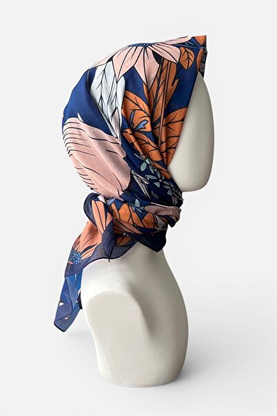 ESSLERA Floral Patterned Navy Blue Soft Scarf - Non-Slip - Tok Duruş