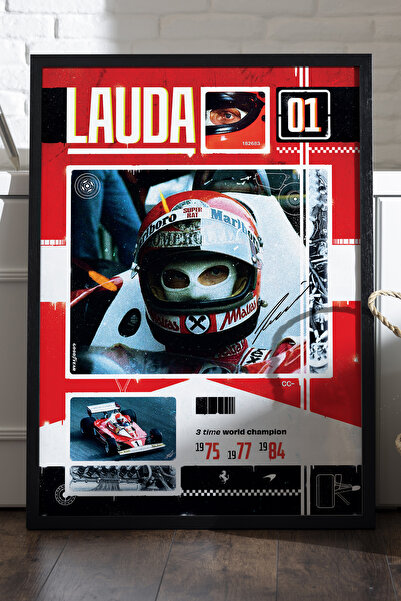 Duvarda Niki Lauda Formula 1 Siyah Ahşap Çerçeveli Poster, Dekoratif Araba Du...