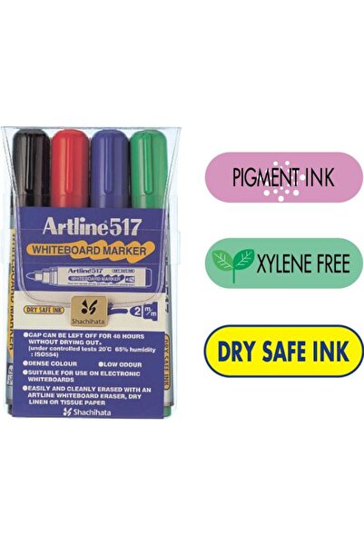artline Whiteboard marker 517 - Dry safe ink 48h, round tip 2.0mm, 4 colors/set