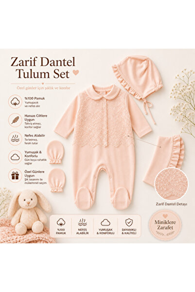 Melekpare Kız Bebek Dantelli Şapkalı Lüks Tulum Seti